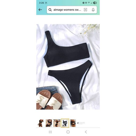 YIMISAN Women's Med Ribbed One Shoulder Top with Mid Waist Two Piece Bathing Sui - Picture 10 of 12